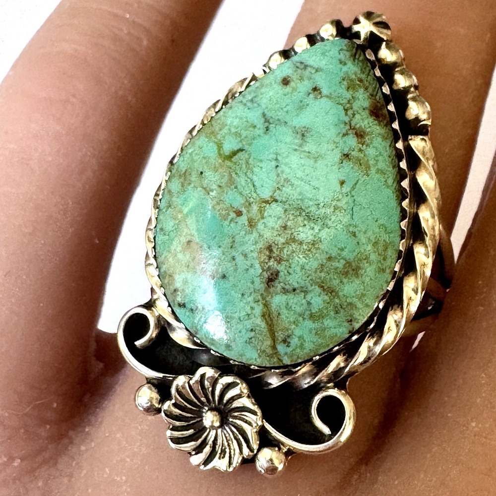 Native American Turquoise Ring Sz 8 Pear Flower Signed Lewis Sterling Navajo